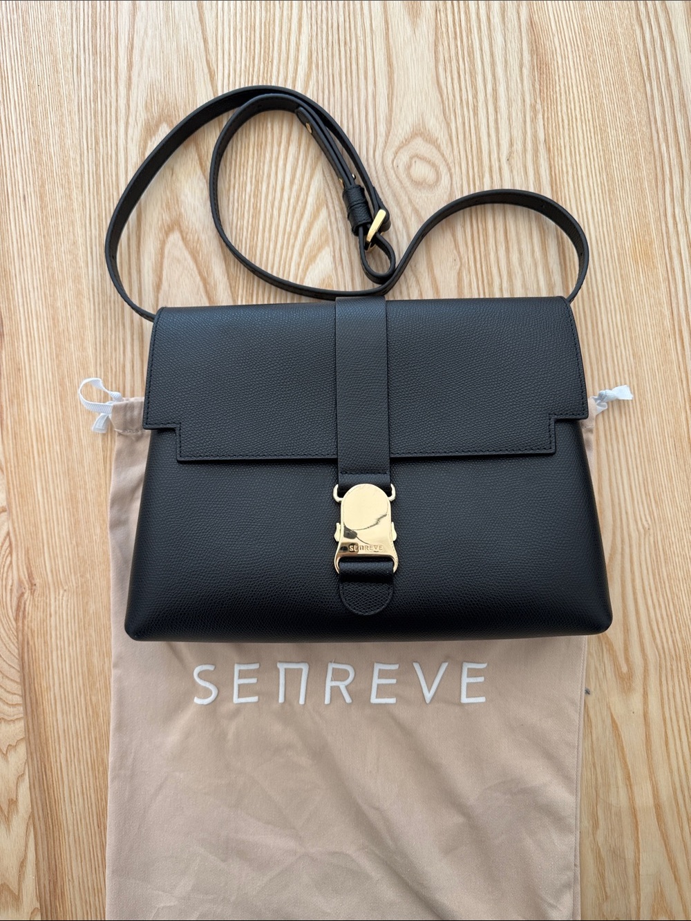 Senreve Cadence Shoulder Bag Black Pebbled Leather with Gold Buckle